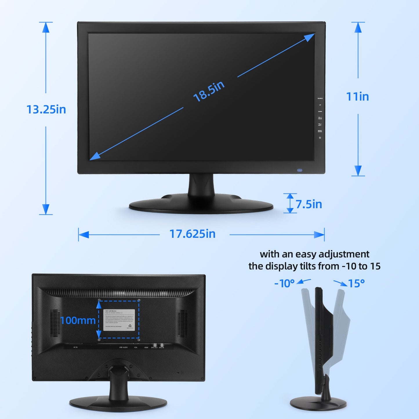SVD 18.5 inch security monitor dimensions VESA mount and tilt adjustment