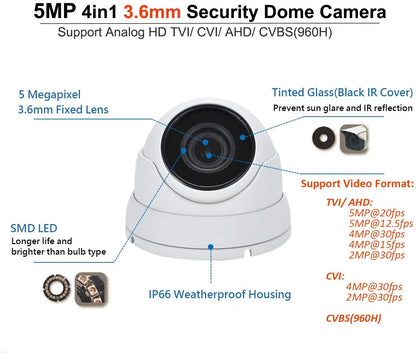 SVD 5 Megapixel 4in1 TVI/AHD/CVI/CVBS 3.6mm Fixed Lens Surveillance Dome Camera DWDR OSD menu IR Cut in/Outdoor for CCTV DVR Home Office Security (White) (1 Pack)